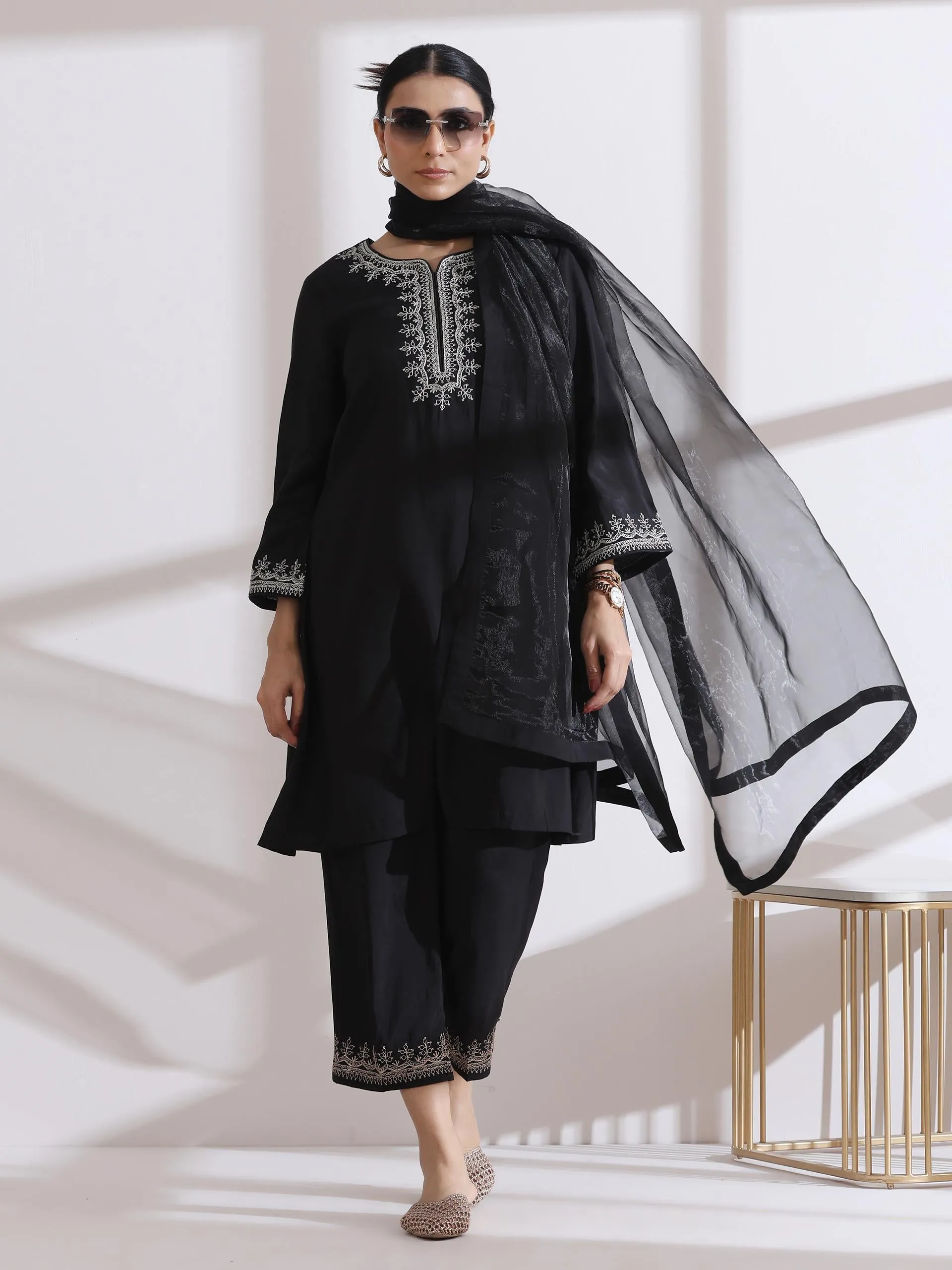 1 Pc Dupatta - Black Glass Tissue Dupatta