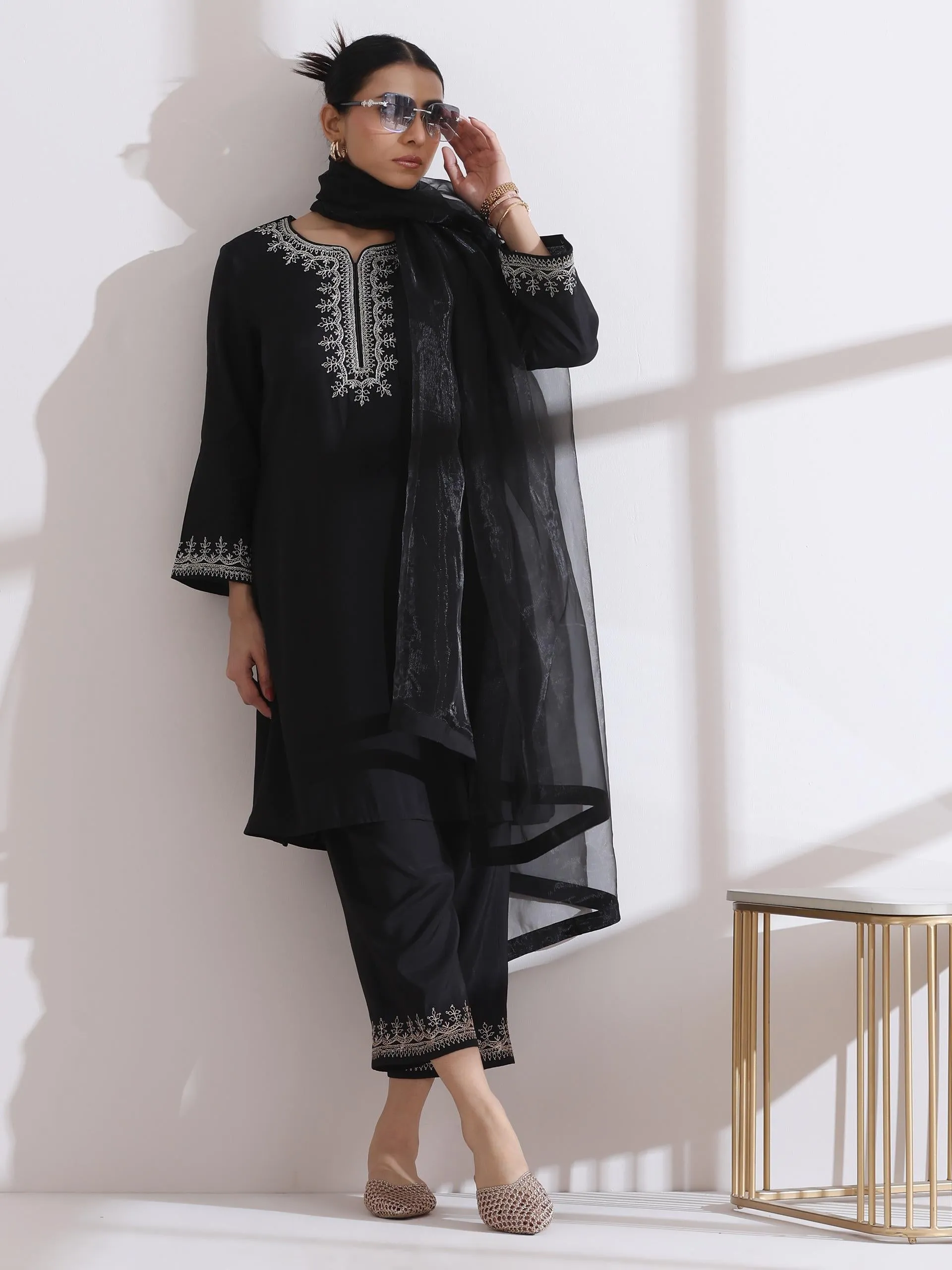 1 Pc Dupatta - Black Glass Tissue Dupatta