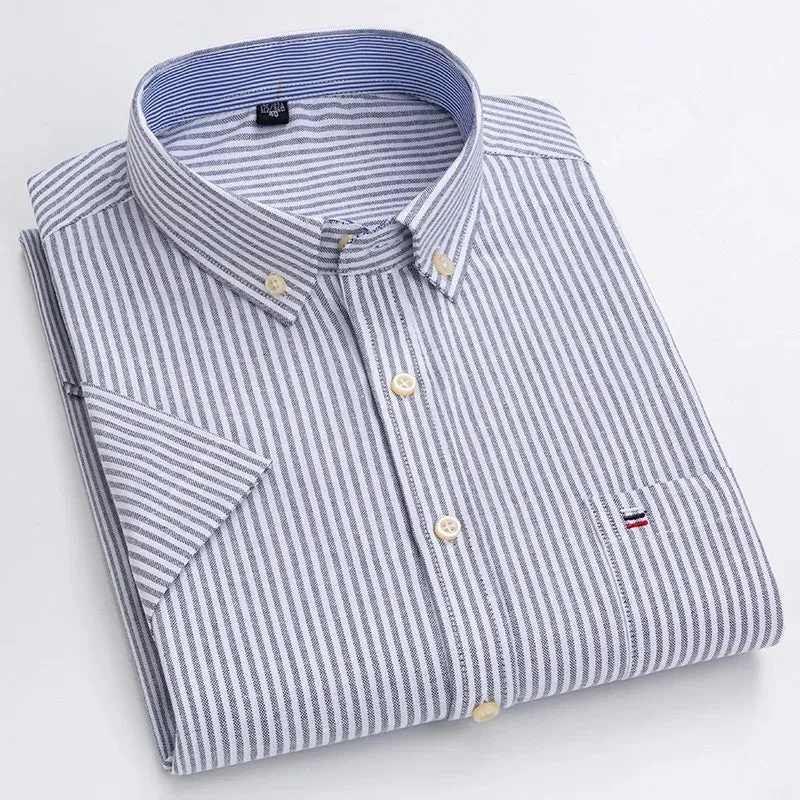 100% Cotton Men Oxford Shirt Short Sleeve Summer Plaid Striped Male Clothes Business Regular Fit Dress Shirt Oversized