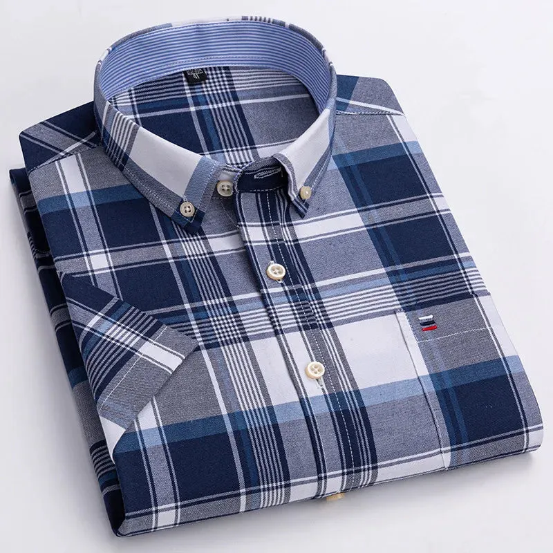 100% Cotton Men Oxford Shirt Short Sleeve Summer Plaid Striped Male Clothes Business Regular Fit Dress Shirt Oversized