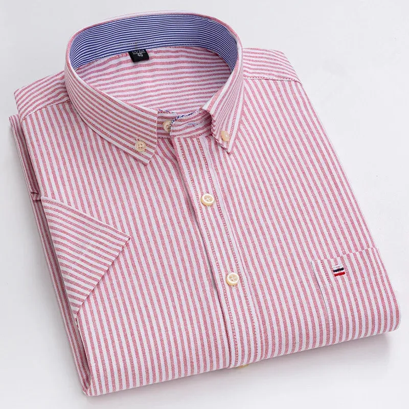 100% Cotton Men Oxford Shirt Short Sleeve Summer Plaid Striped Male Clothes Business Regular Fit Dress Shirt Oversized