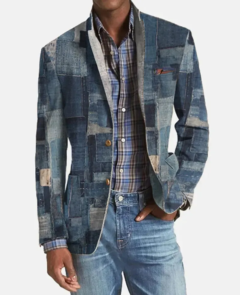 2023 Fashion Men Blazer Embroidery Mesh Patchwork Lapel Long Sleeve  Patchwork Notch Lapel Single Breasted Pockets Blazer