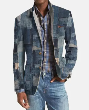 2023 Fashion Men Blazer Embroidery Mesh Patchwork Lapel Long Sleeve  Patchwork Notch Lapel Single Breasted Pockets Blazer