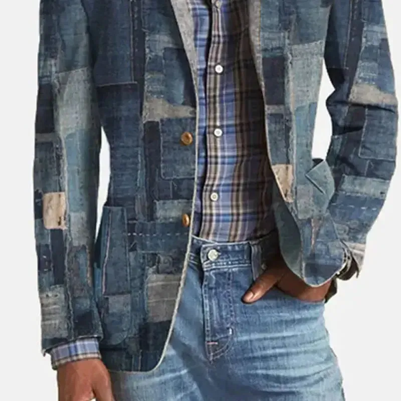 2023 Fashion Men Blazer Embroidery Mesh Patchwork Lapel Long Sleeve  Patchwork Notch Lapel Single Breasted Pockets Blazer