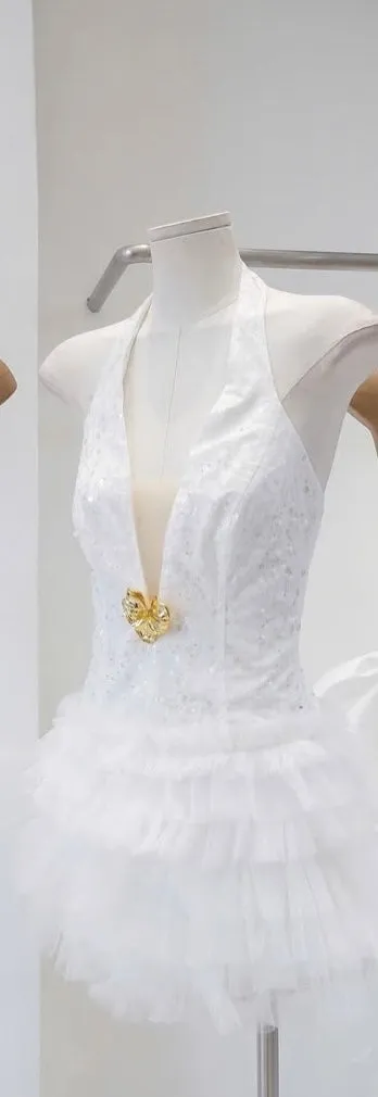 Ainara White Deep V-Neck Halter Tulle Mini Dress
