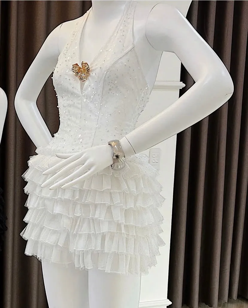 Ainara White Deep V-Neck Halter Tulle Mini Dress