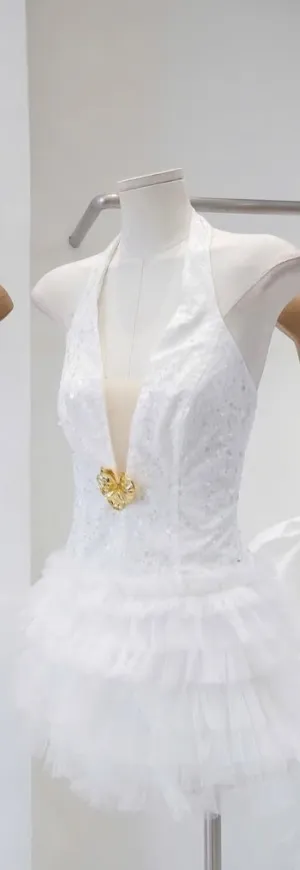Ainara White Deep V-Neck Halter Tulle Mini Dress