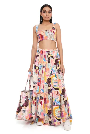 ALECIA TRANCE PRINT DENIM TOP WITH A HIGH LOW SKIRT