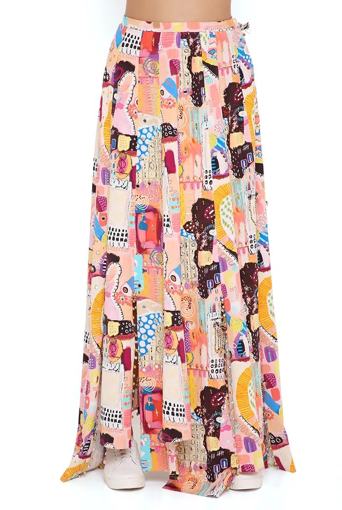 ALECIA TRANCE PRINT DENIM TOP WITH A HIGH LOW SKIRT