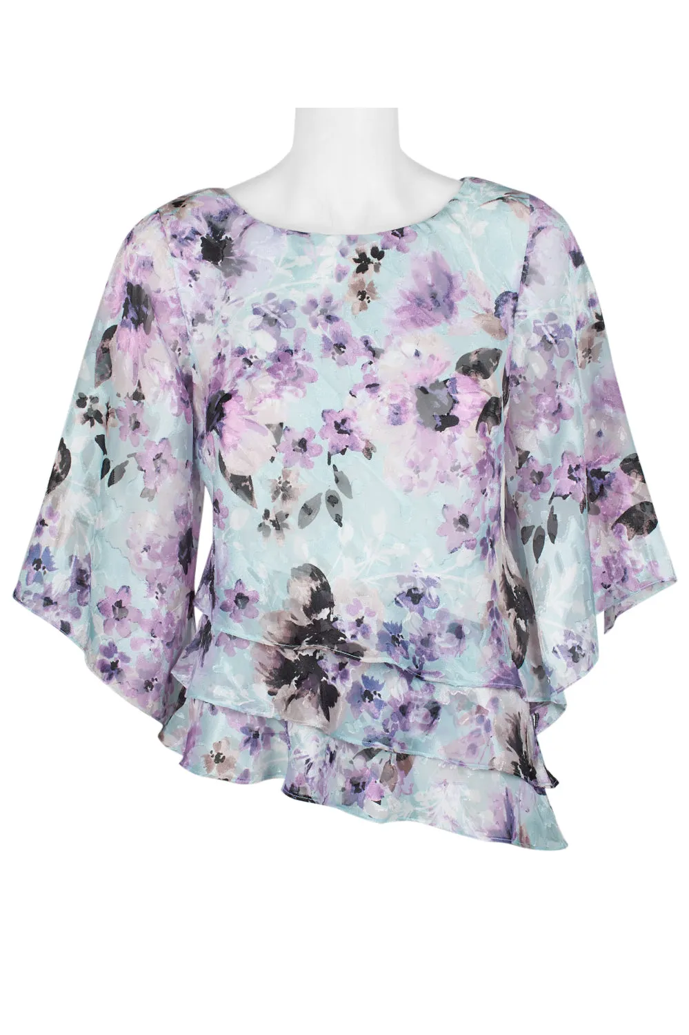 Alex Evenings Asymmetrical Tiered Dolman Sleeve Floral Print Burnout Top
