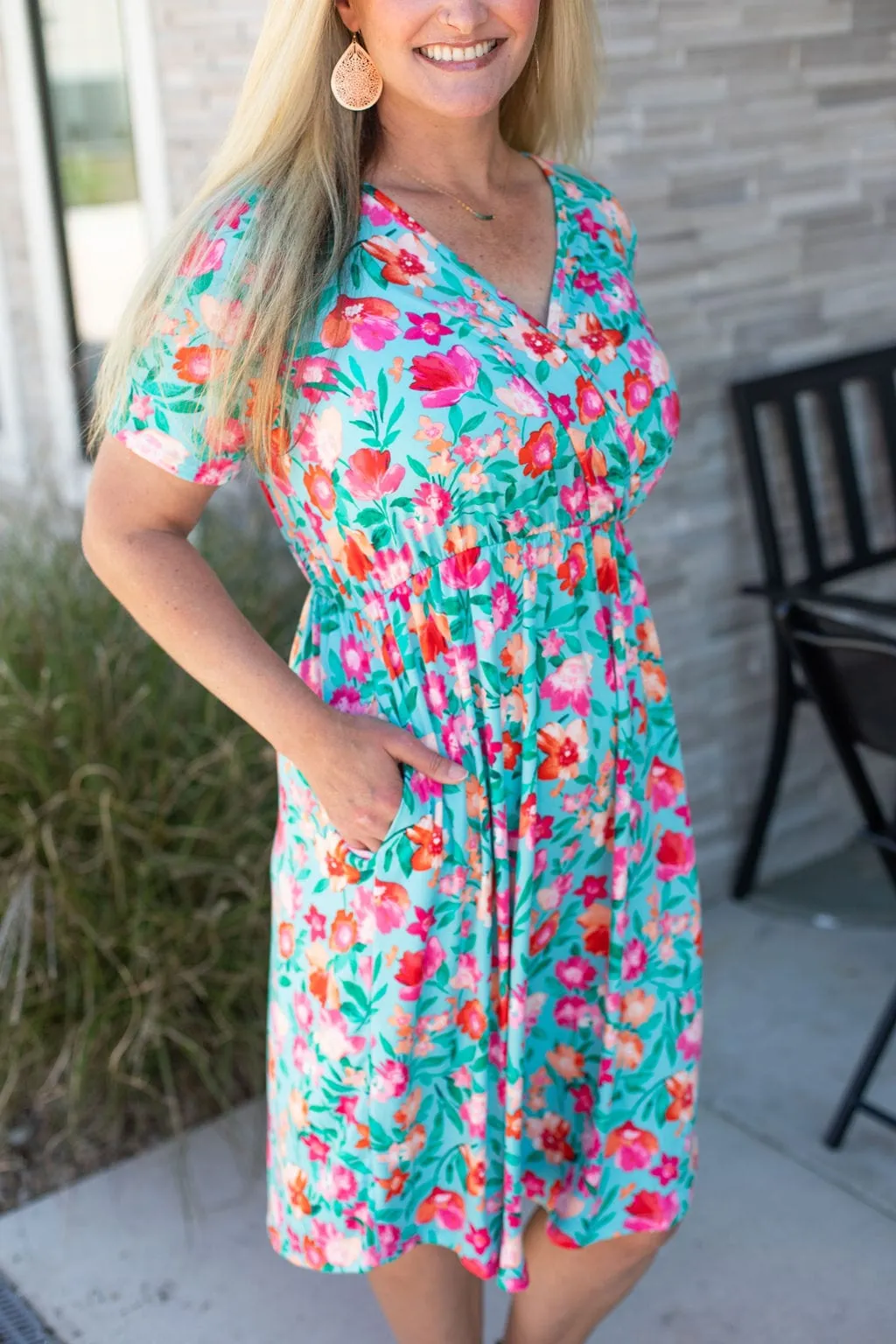 Allison Faux-Wrap Short Sleeve Dress in Florals