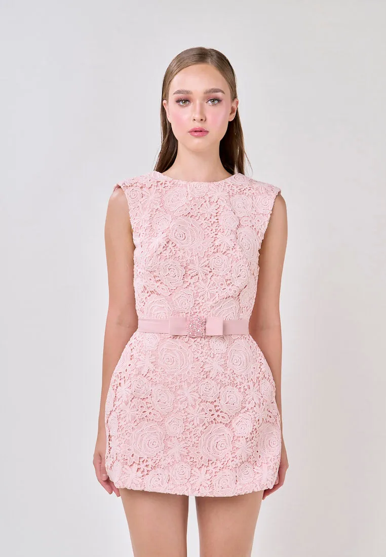 Andie Pink Sleeveless With Belt Charm Lace Mini Dress
