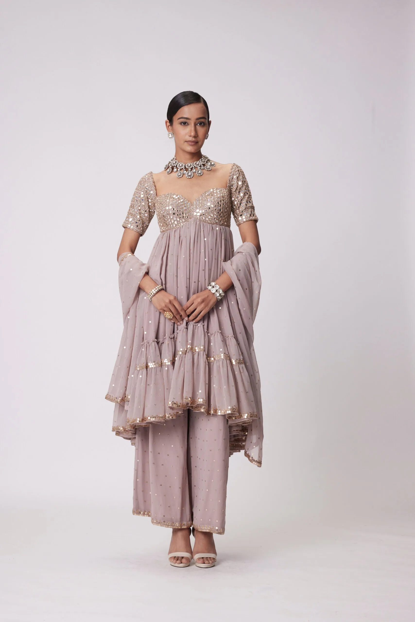 Ash Pink High Low Real Hand Cut Mirror Embroidered Kurta Set
