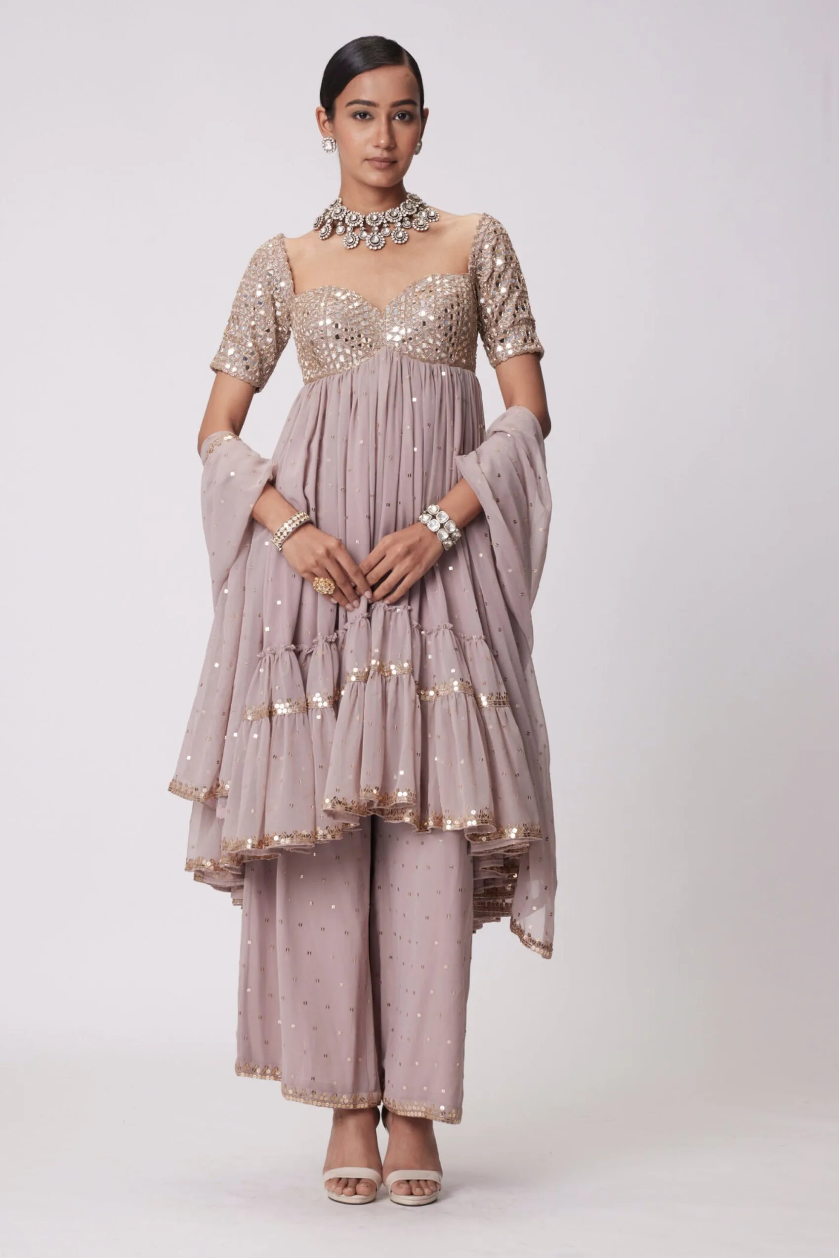 Ash Pink High Low Real Hand Cut Mirror Embroidered Kurta Set