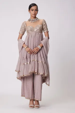 Ash Pink High Low Real Hand Cut Mirror Embroidered Kurta Set