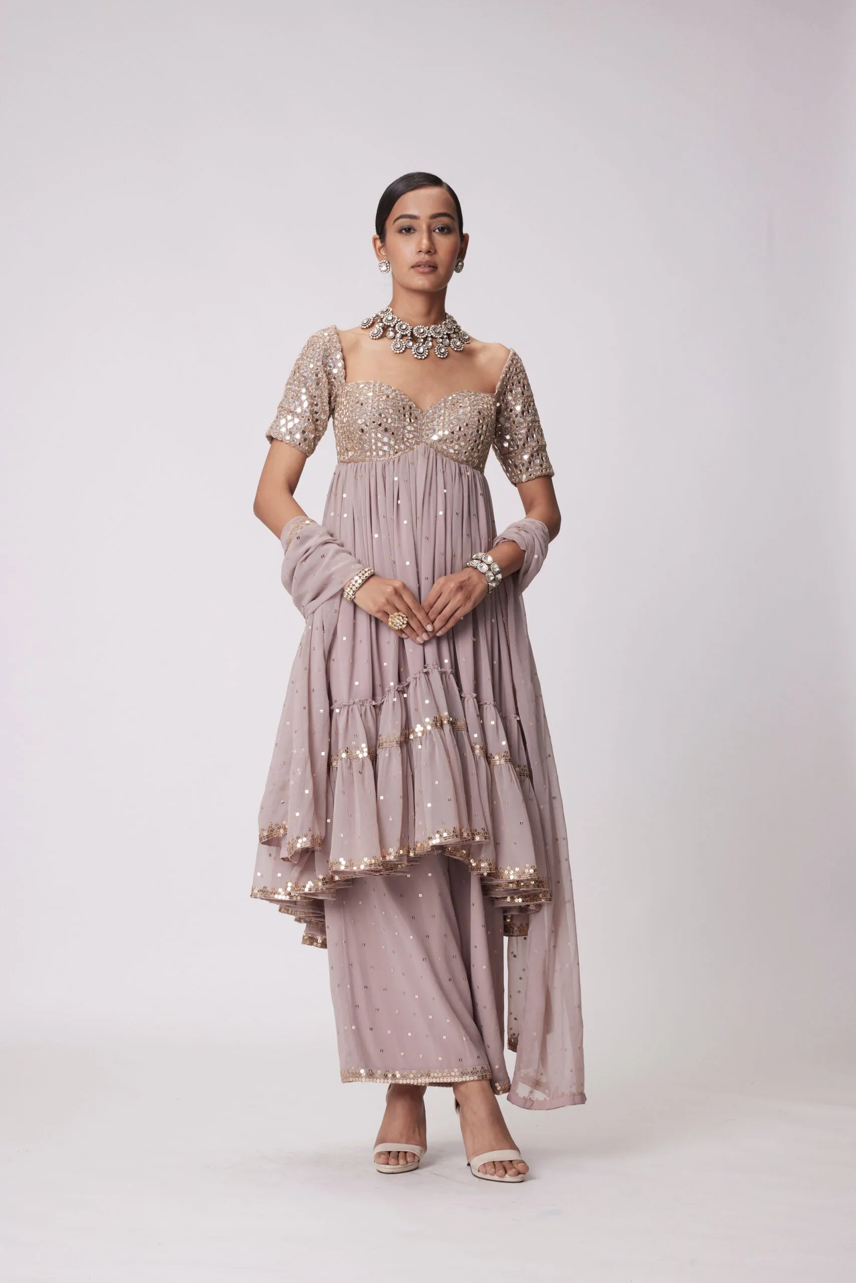Ash Pink High Low Real Hand Cut Mirror Embroidered Kurta Set