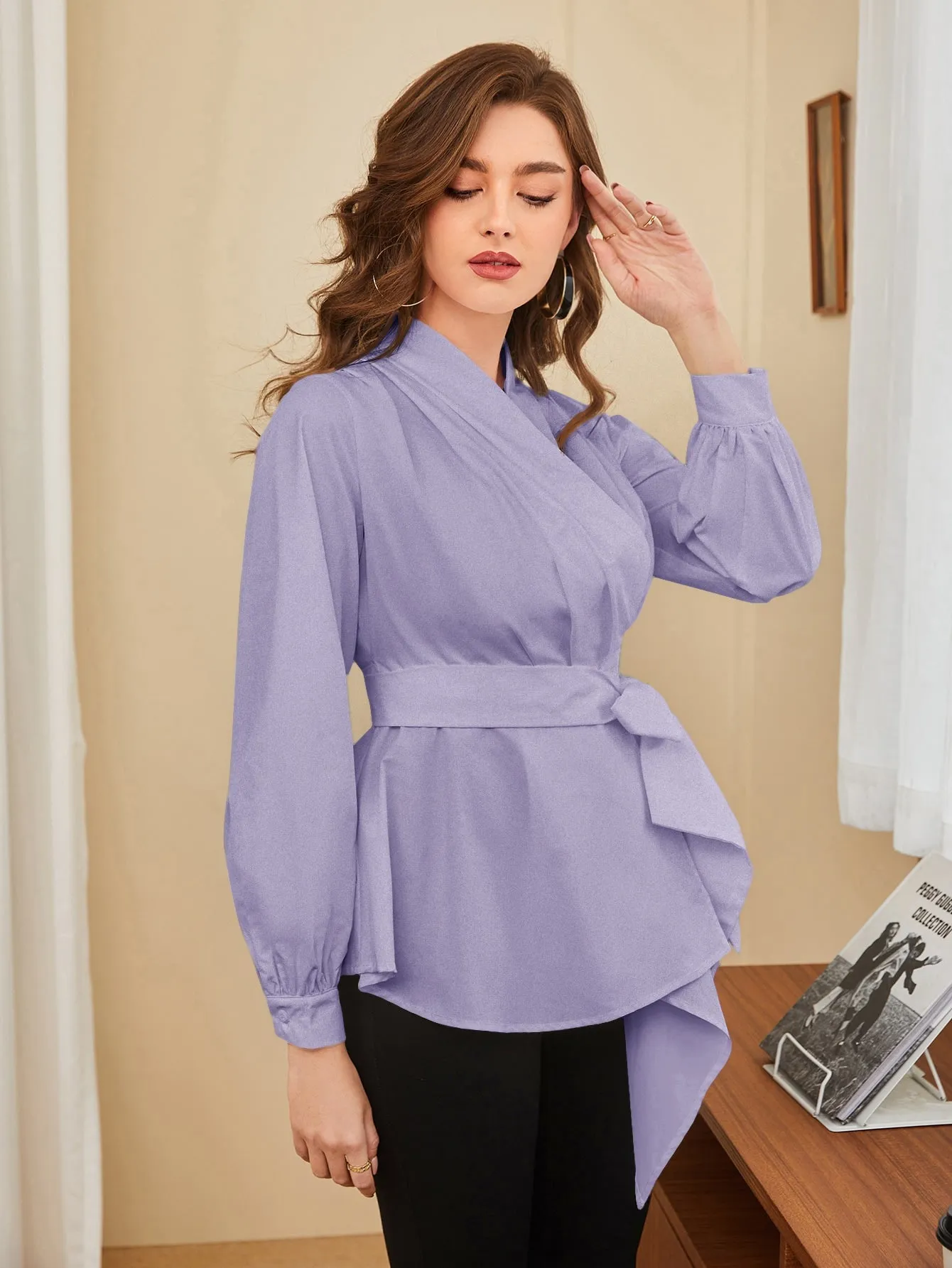 Asymmetrical Hem Belted Blouse
