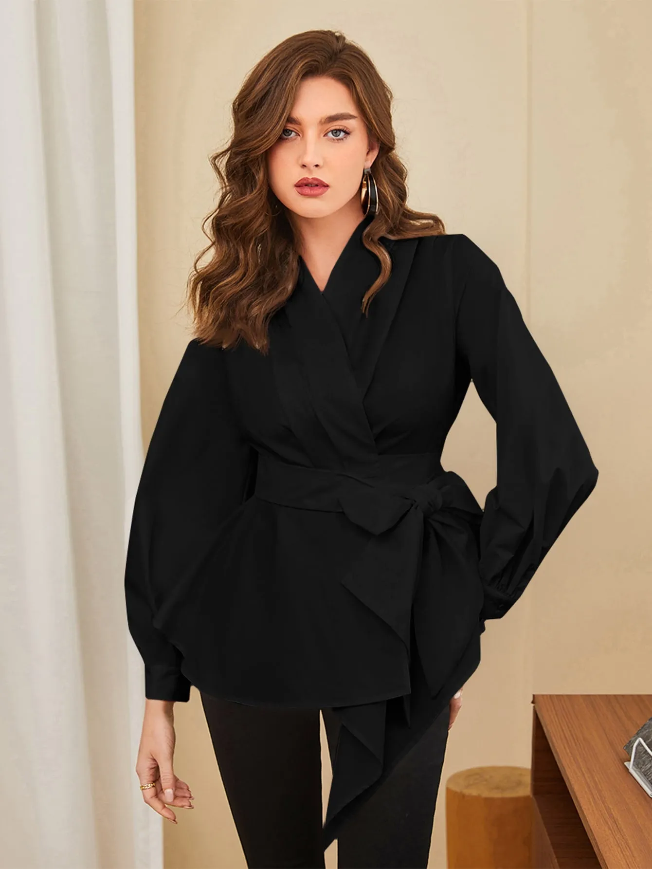 Asymmetrical Hem Belted Blouse