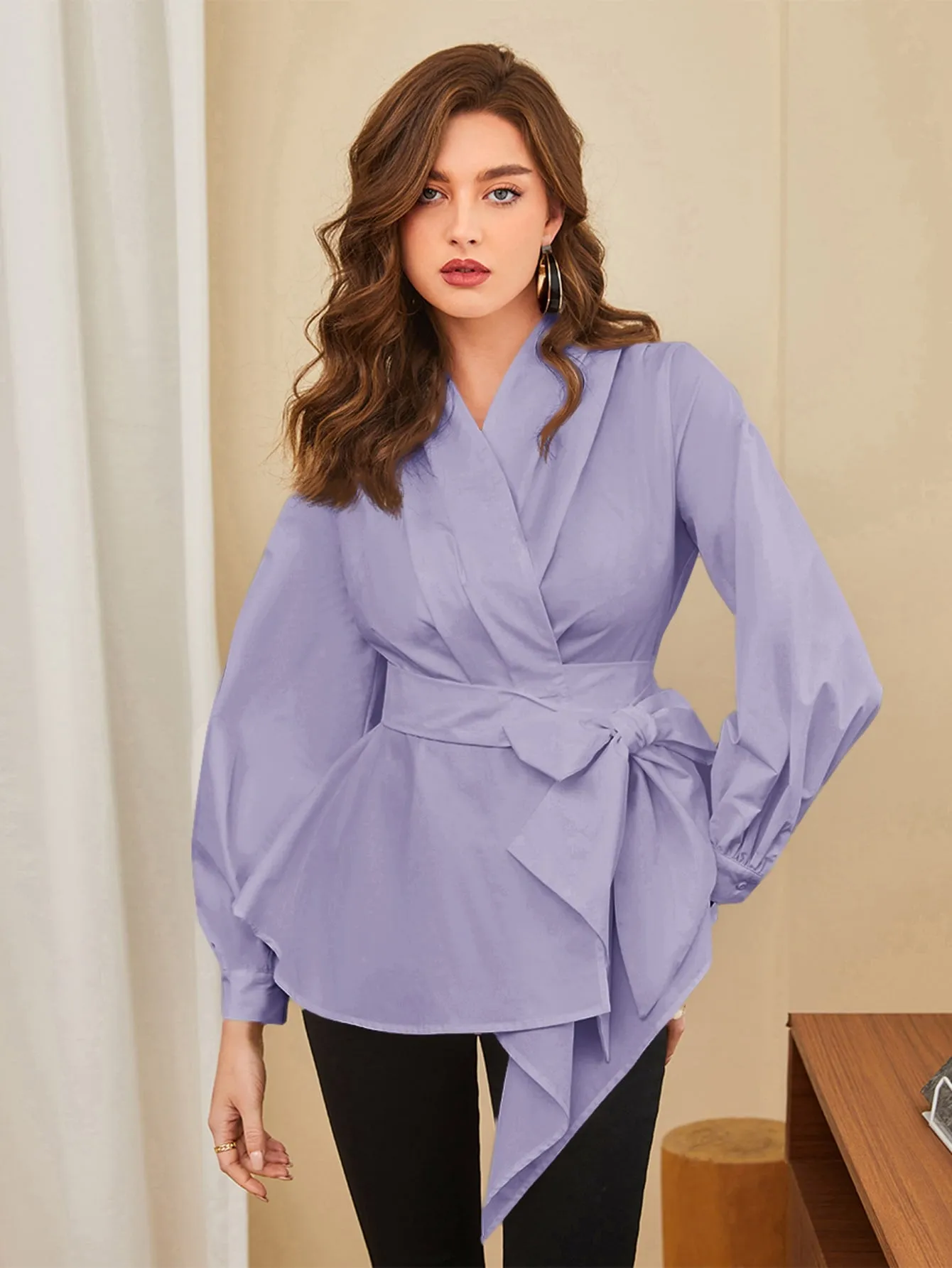 Asymmetrical Hem Belted Blouse