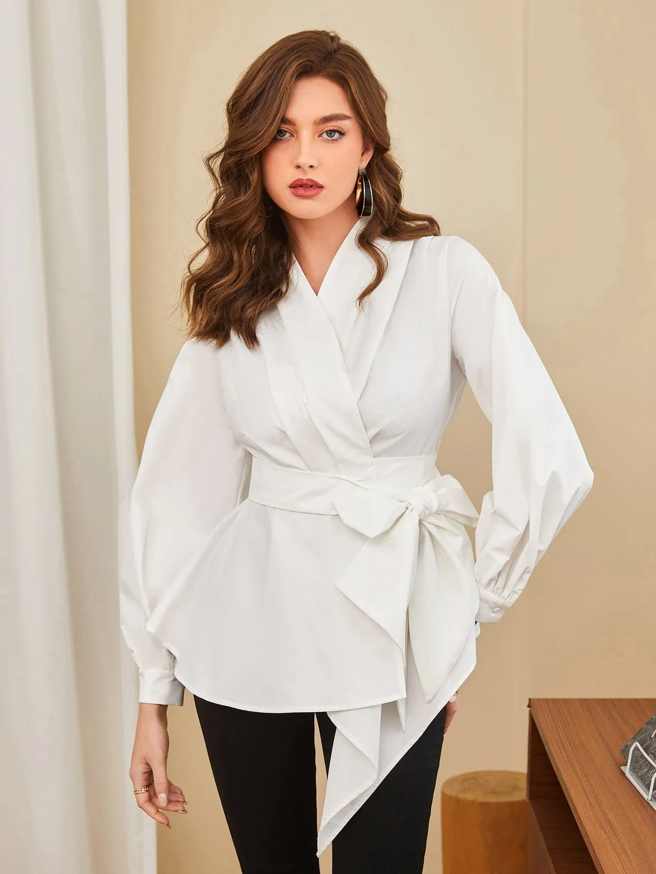Asymmetrical Hem Belted Blouse