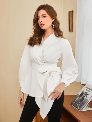 Asymmetrical Hem Belted Blouse