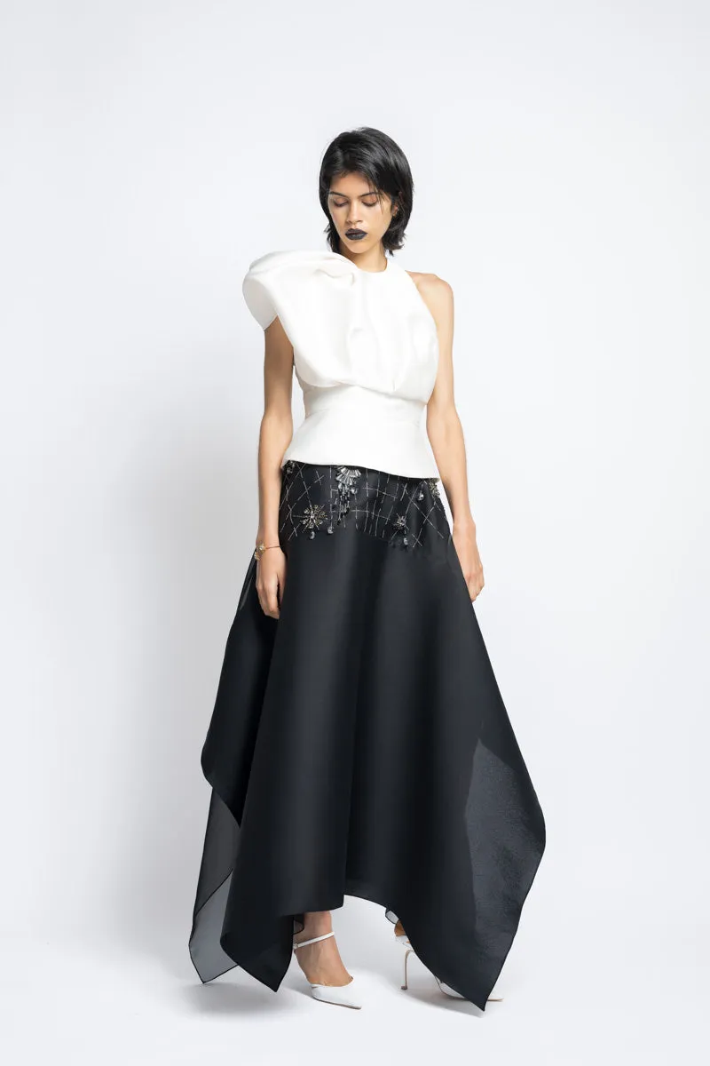Asymmetrical Magnolia Gazar Top with Draped Sleeve Detail