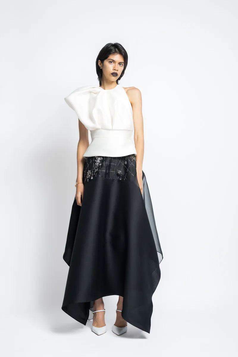 Asymmetrical Magnolia Gazar Top with Draped Sleeve Detail