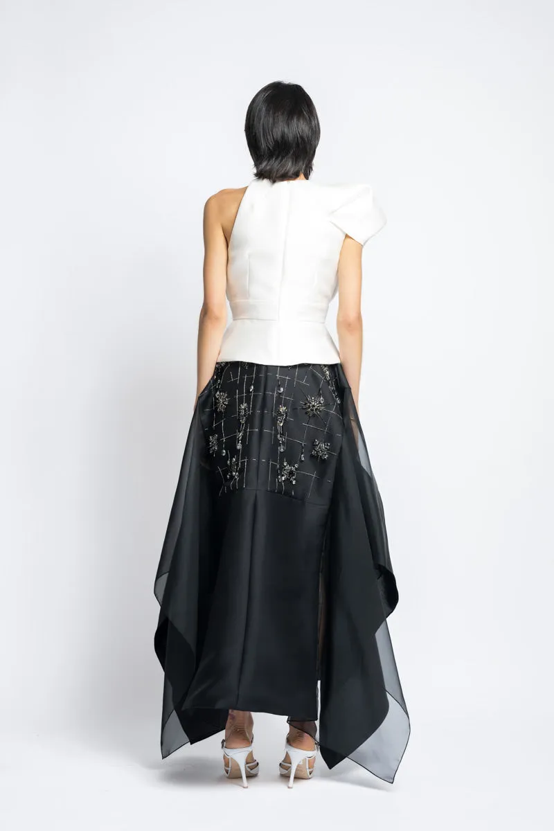 Asymmetrical Magnolia Gazar Top with Draped Sleeve Detail