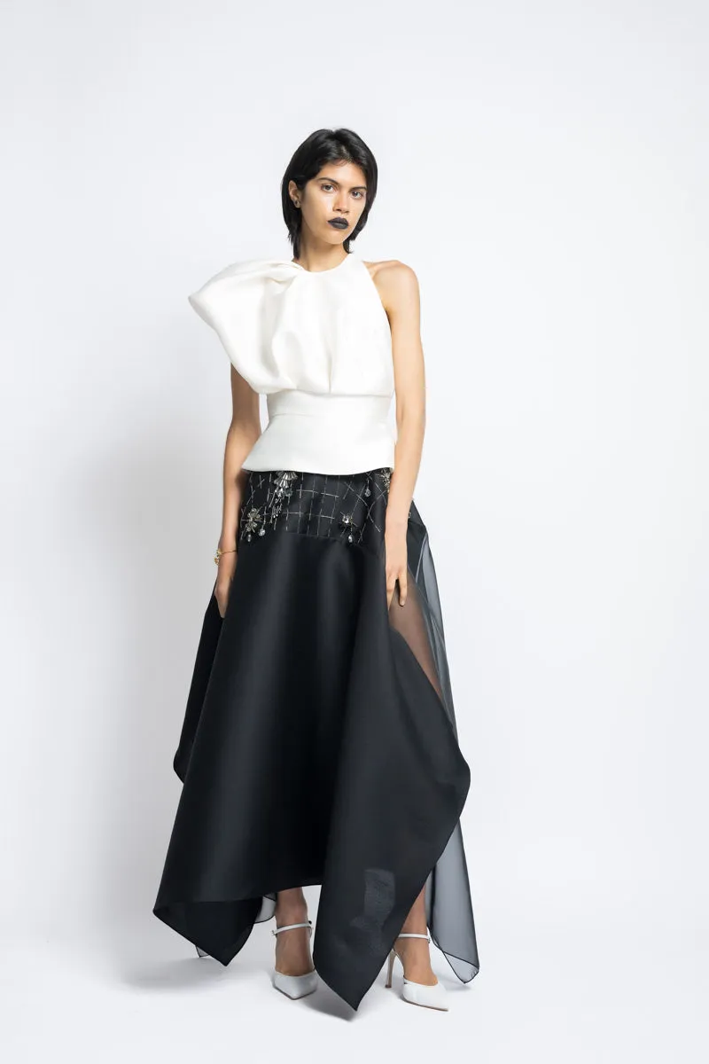 Asymmetrical Magnolia Gazar Top with Draped Sleeve Detail