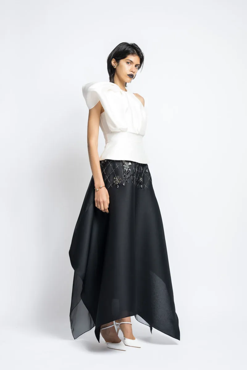 Asymmetrical Magnolia Gazar Top with Draped Sleeve Detail
