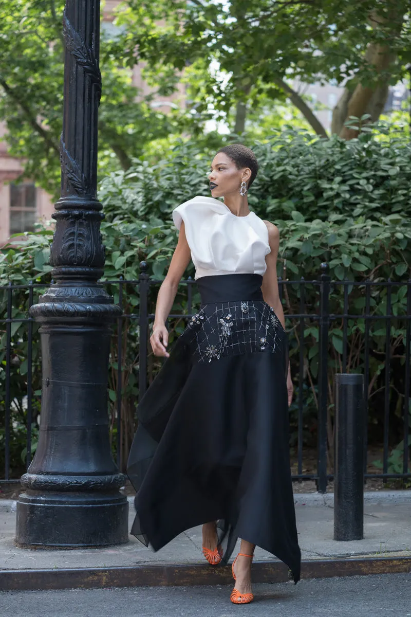 Asymmetrical Magnolia Gazar Top with Draped Sleeve Detail