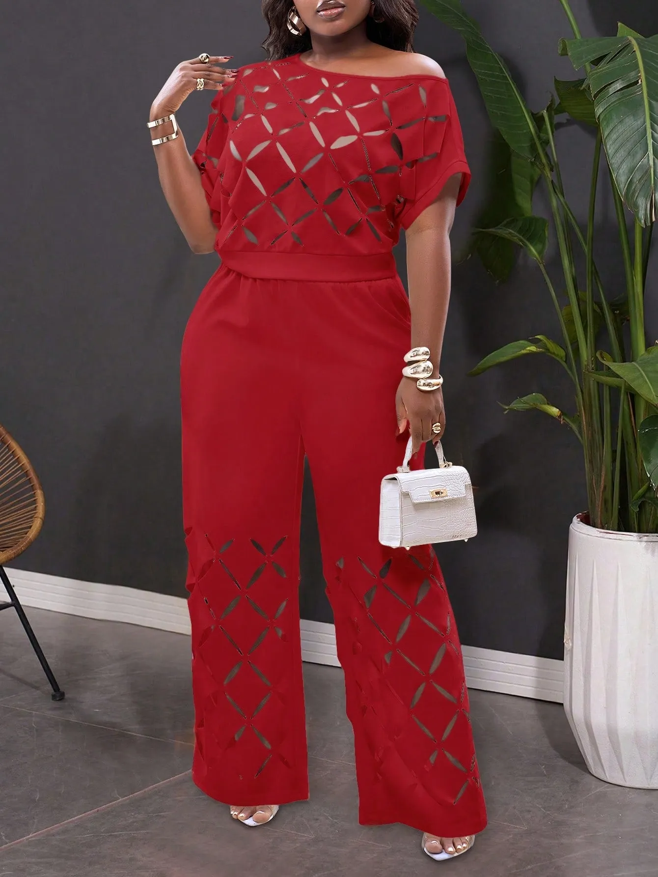 Asymmetrical Shoulder Embroidered 2-Piece Classy Set