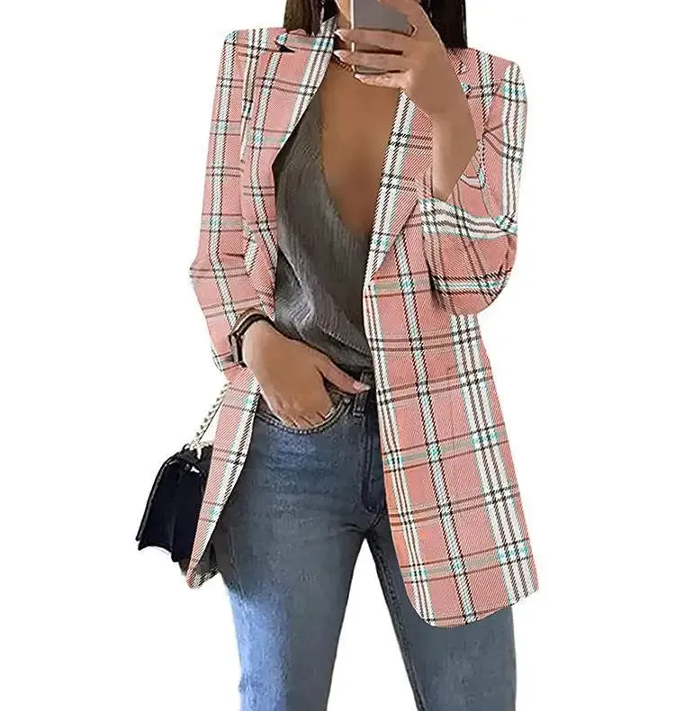 Autumn/Winter Fashion Women's Cardigan Collar Plaid Slim Fit Suit Coat
