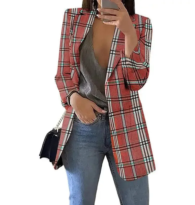 Autumn/Winter Fashion Women's Cardigan Collar Plaid Slim Fit Suit Coat