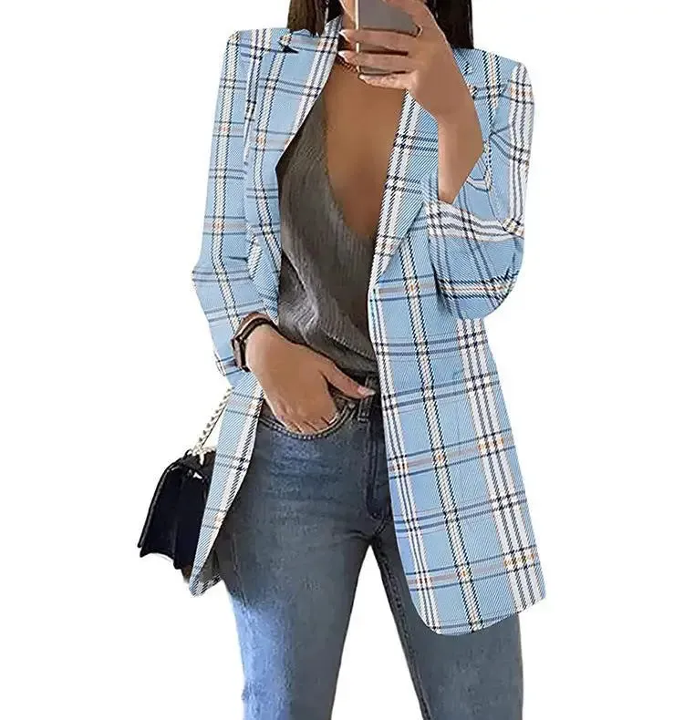 Autumn/Winter Fashion Women's Cardigan Collar Plaid Slim Fit Suit Coat