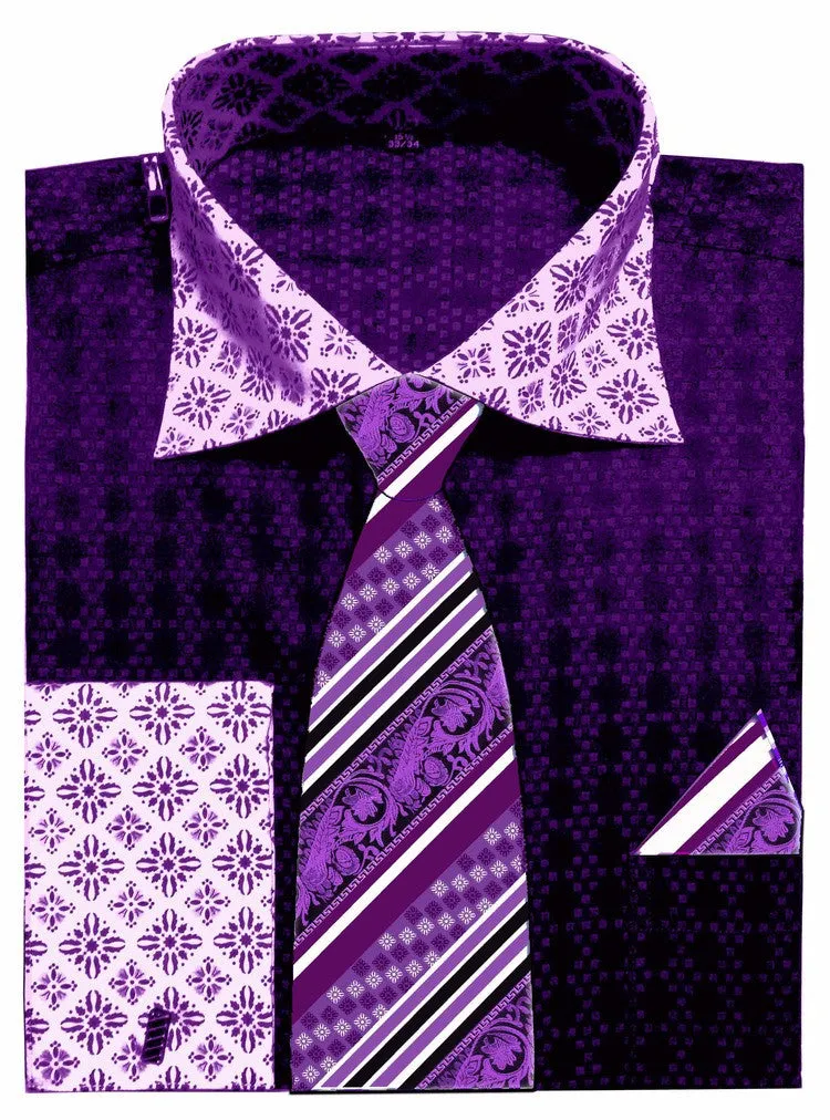 Avanti Uomo Men's DN69M Two Tone French Cuff Shirts Tie Set with Cuff Links
