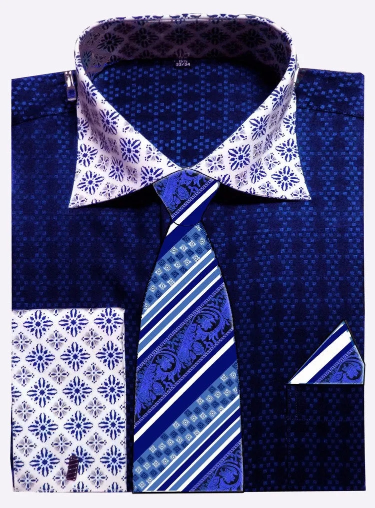 Avanti Uomo Men's DN69M Two Tone French Cuff Shirts Tie Set with Cuff Links