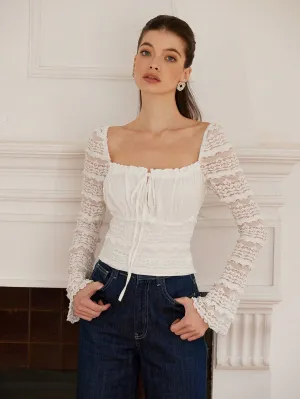 Aveloria Rosie Vintage French Elegant Square Neck Lace Ruffle Hem Slim Fit Long Sleeve Blouse For Women