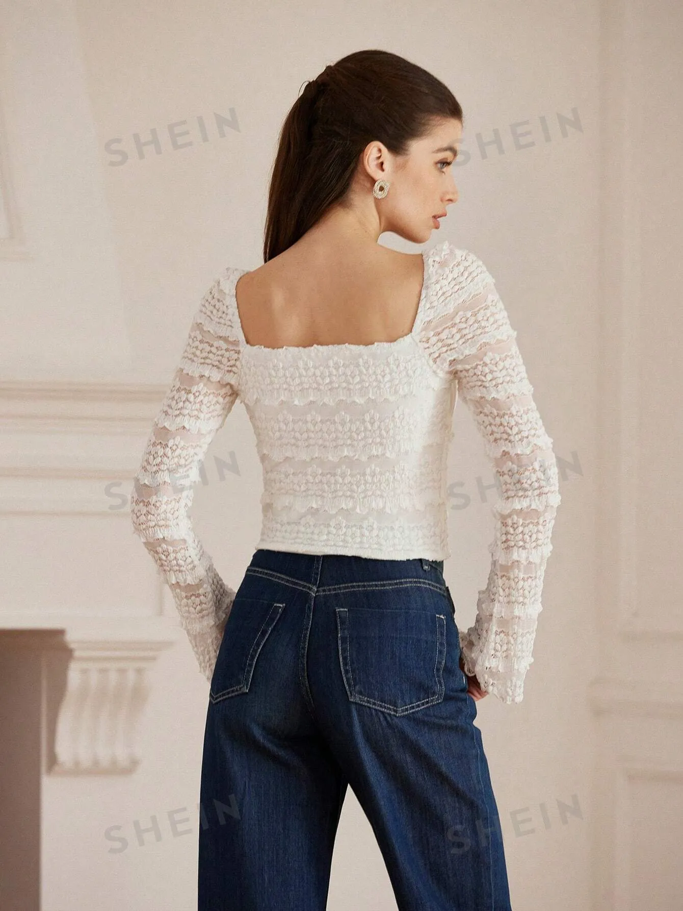 Aveloria Rosie Vintage French Elegant Square Neck Lace Ruffle Hem Slim Fit Long Sleeve Blouse For Women