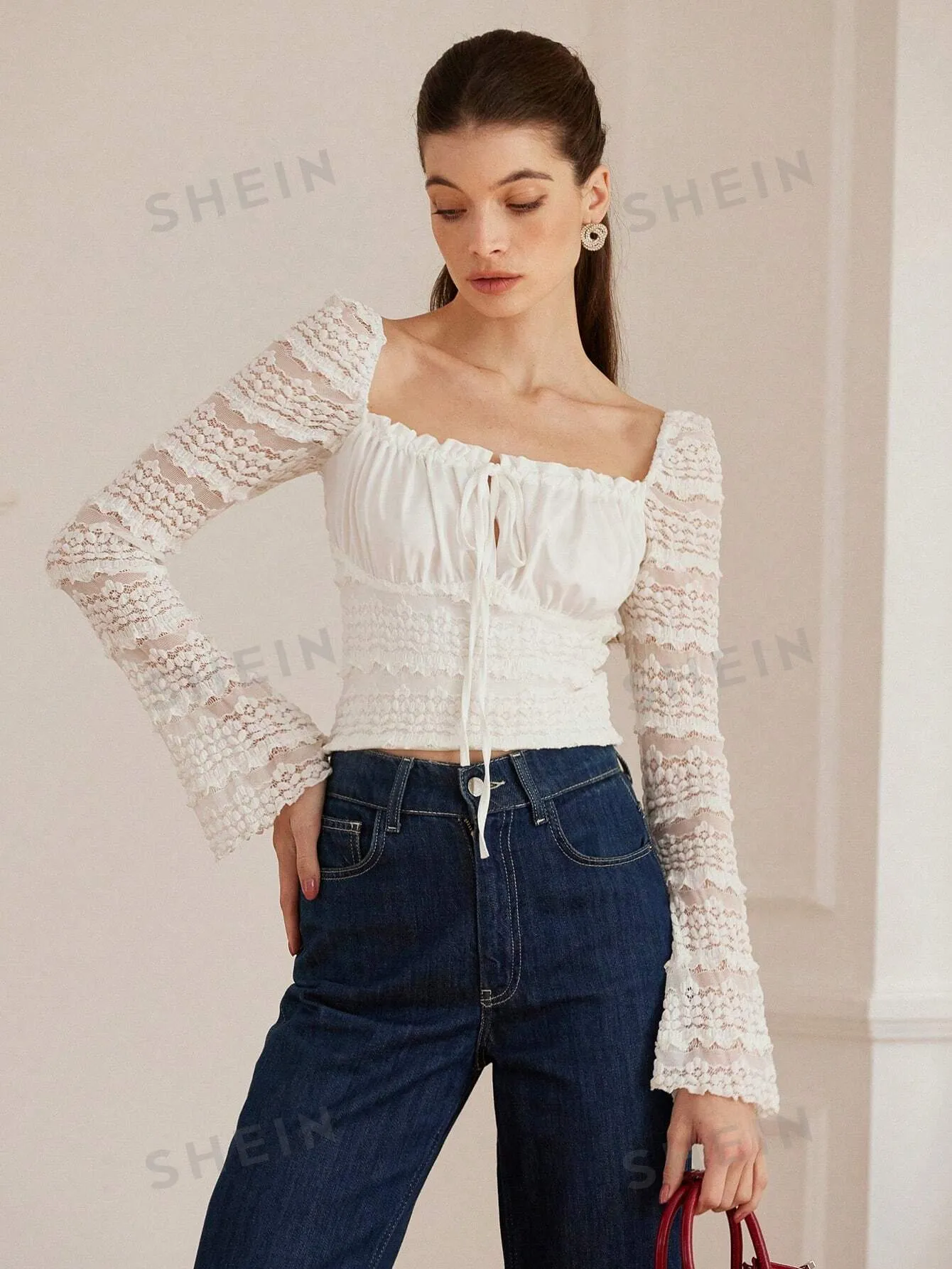 Aveloria Rosie Vintage French Elegant Square Neck Lace Ruffle Hem Slim Fit Long Sleeve Blouse For Women