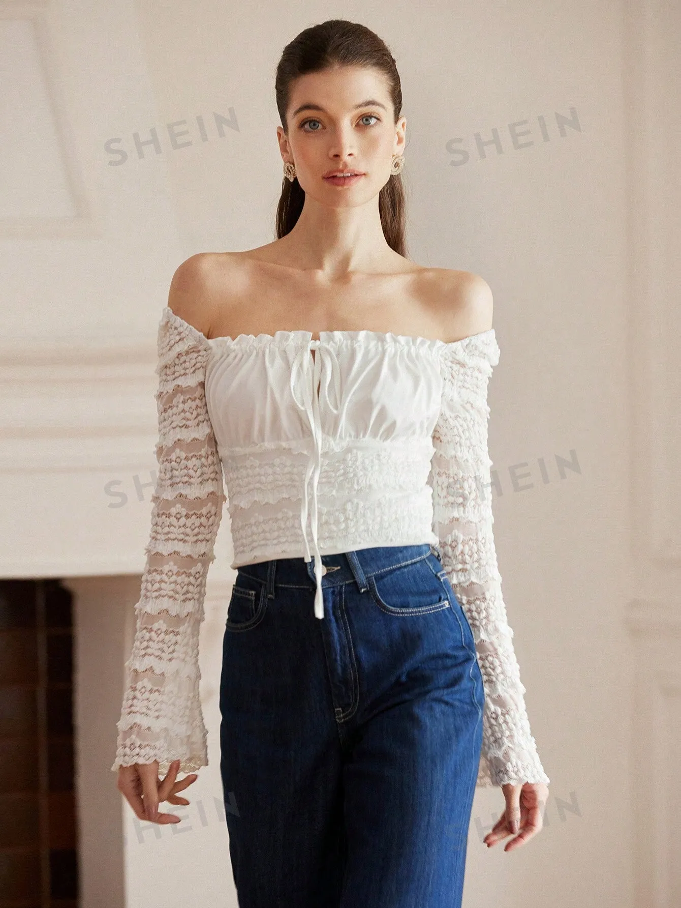 Aveloria Rosie Vintage French Elegant Square Neck Lace Ruffle Hem Slim Fit Long Sleeve Blouse For Women