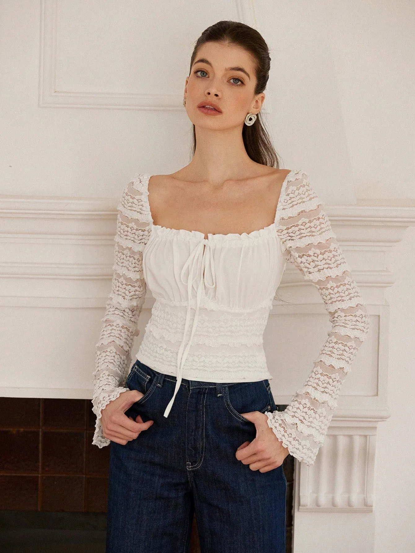 Aveloria Rosie Vintage French Elegant Square Neck Lace Ruffle Hem Slim Fit Long Sleeve Blouse For Women