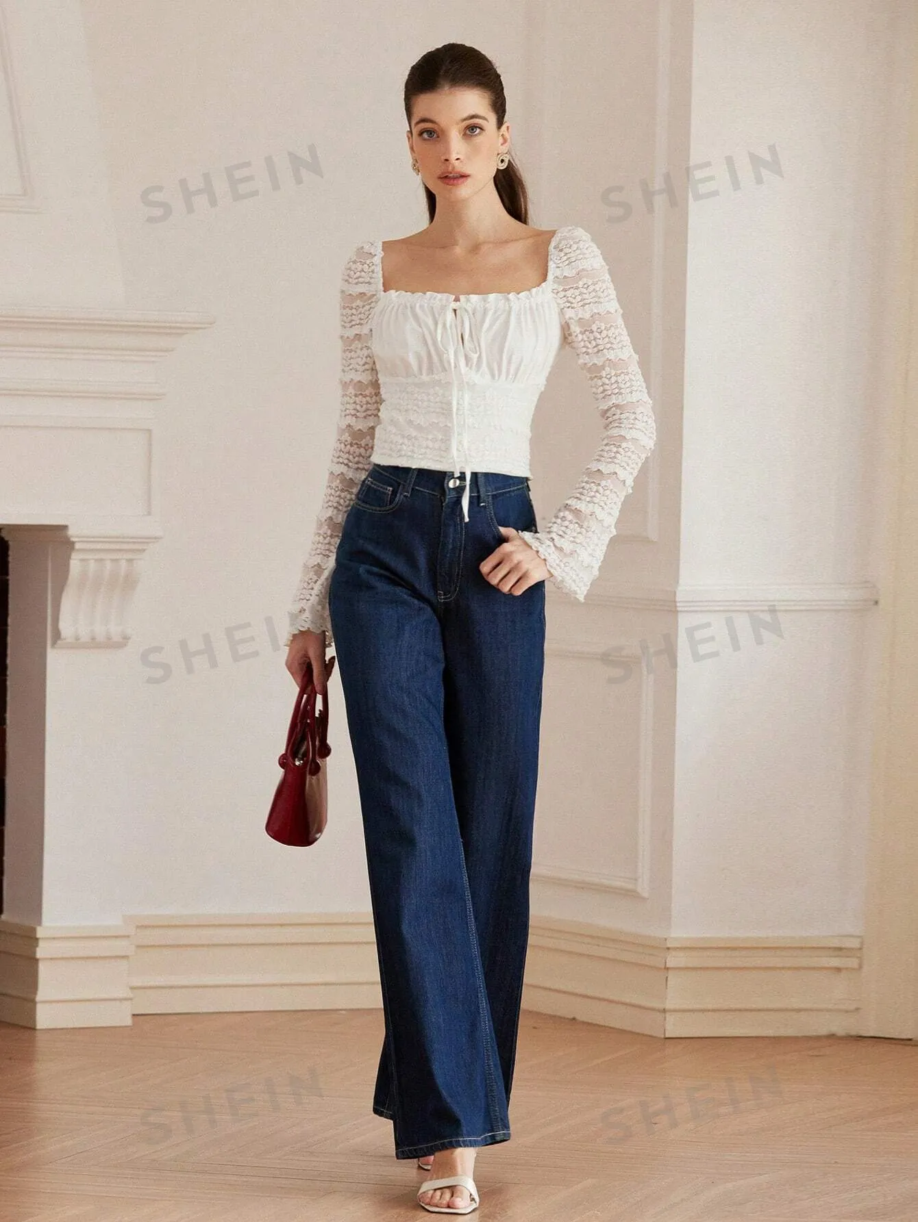 Aveloria Rosie Vintage French Elegant Square Neck Lace Ruffle Hem Slim Fit Long Sleeve Blouse For Women