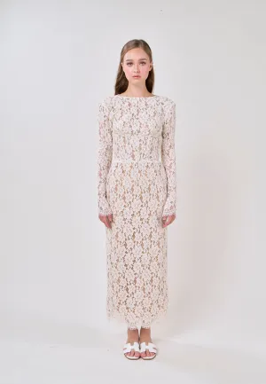 Azari White Round Neck Long Sleeve Lace Midi Dress