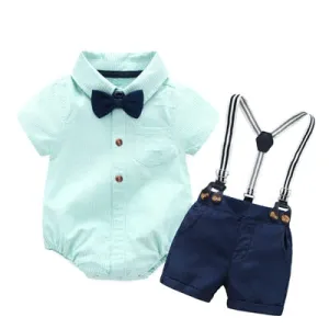 Baby Boy Clothes Romper   Bow   Navy Shorts   Suspenders Belt Sets Infant Clothing Short Outfit