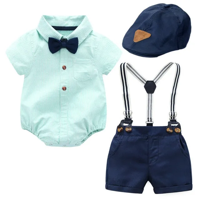 Baby Boy Clothes Romper   Bow   Navy Shorts   Suspenders Belt Sets Infant Clothing Short Outfit