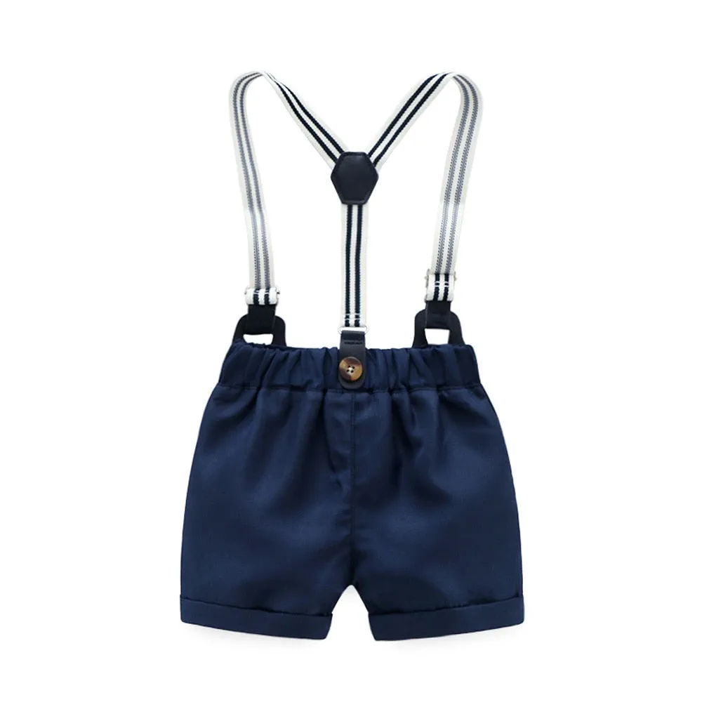 Baby Boy Clothes Romper   Bow   Navy Shorts   Suspenders Belt Sets Infant Clothing Short Outfit