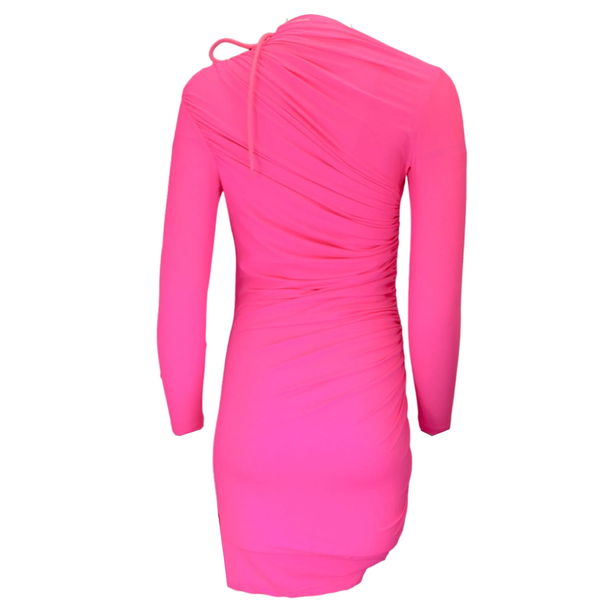 Balenciaga Hot Pink Drawstring Detail Ruched Fitted Long Sleeved Mini Dress