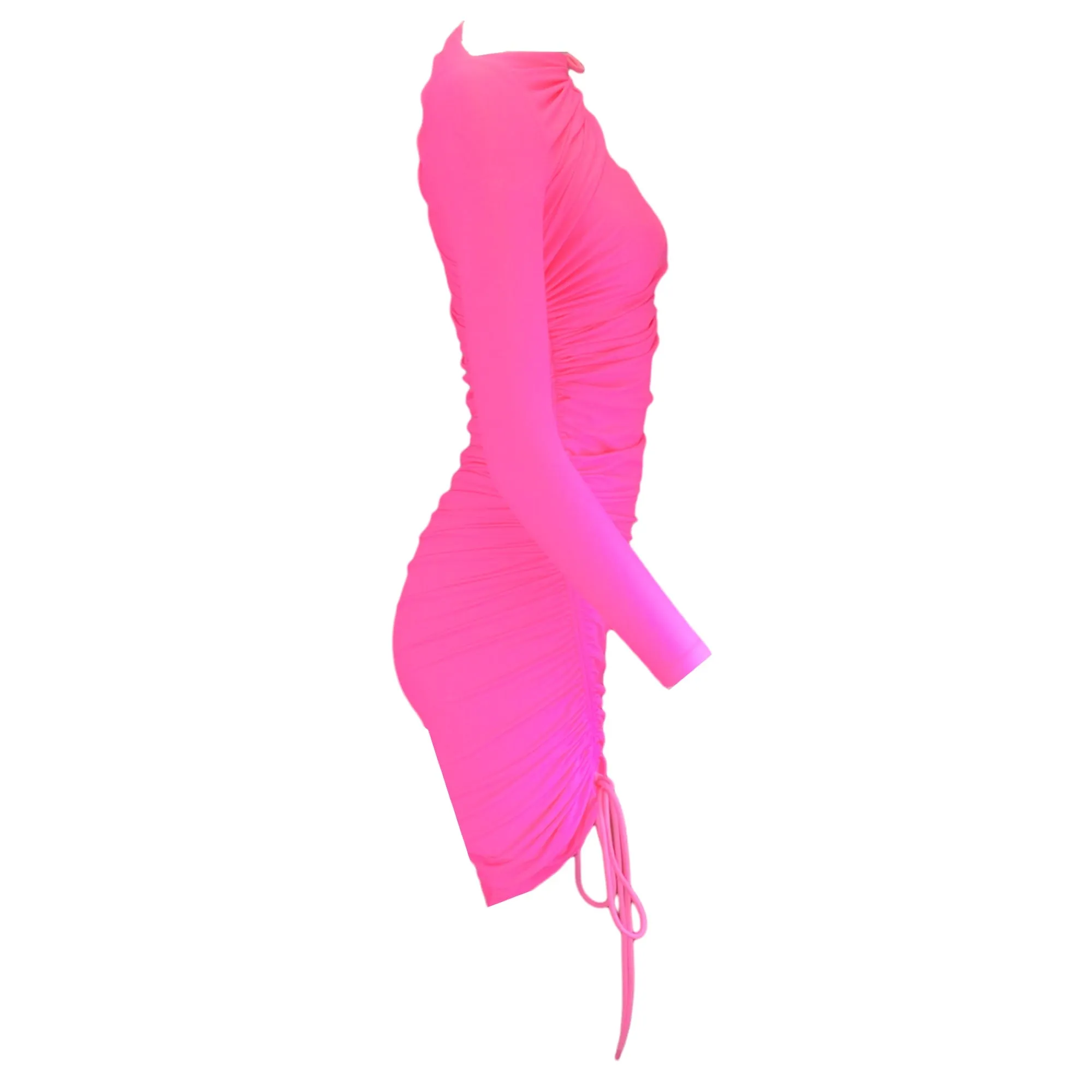Balenciaga Hot Pink Drawstring Detail Ruched Fitted Long Sleeved Mini Dress
