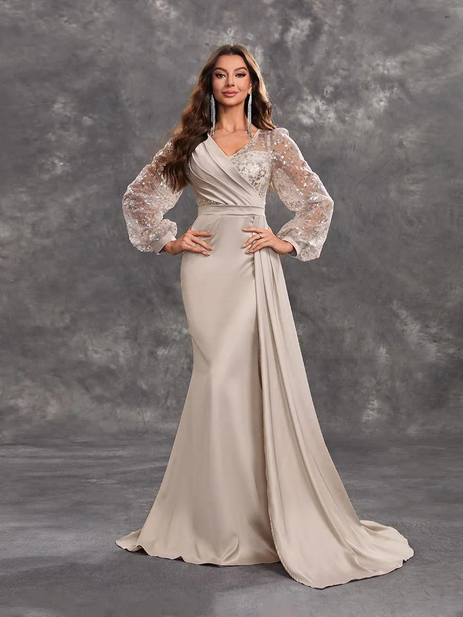 Ballon Sleeve Wrap Panel Prom Dress MCW1131